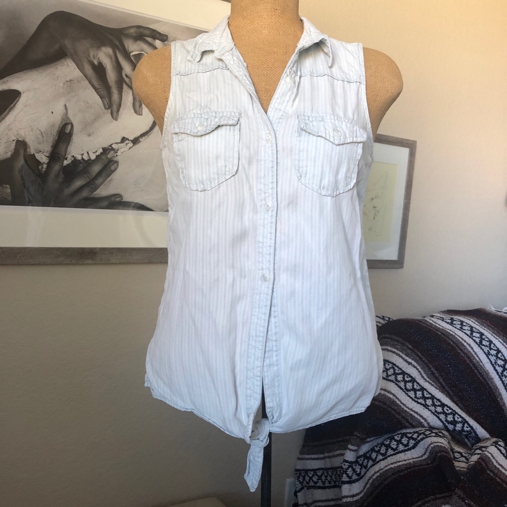 Maurices Blue and White Striped Sleeveless Button Down